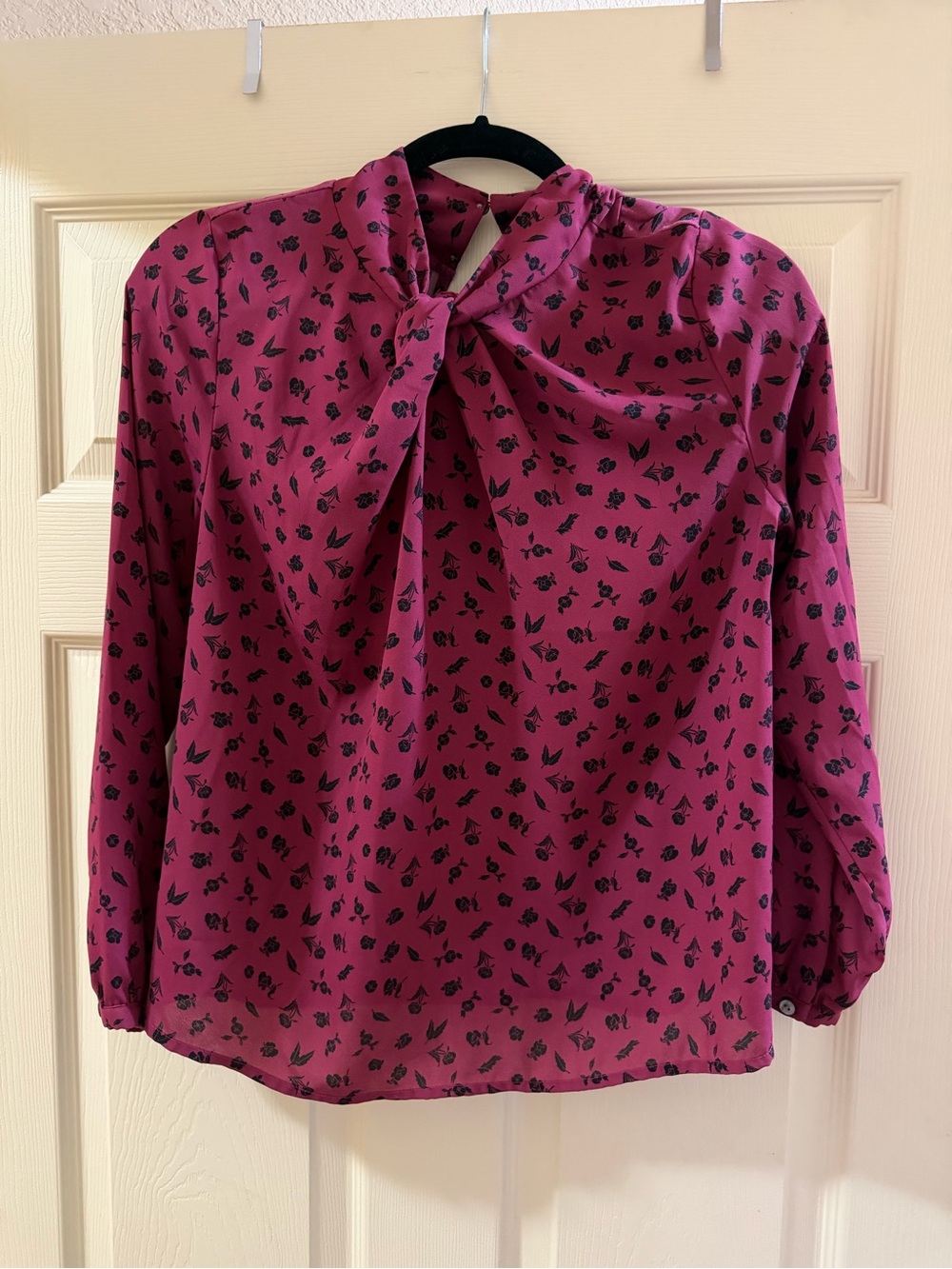 Ann Taylor Plum Tie-Neck Blouse with Black Floral Print